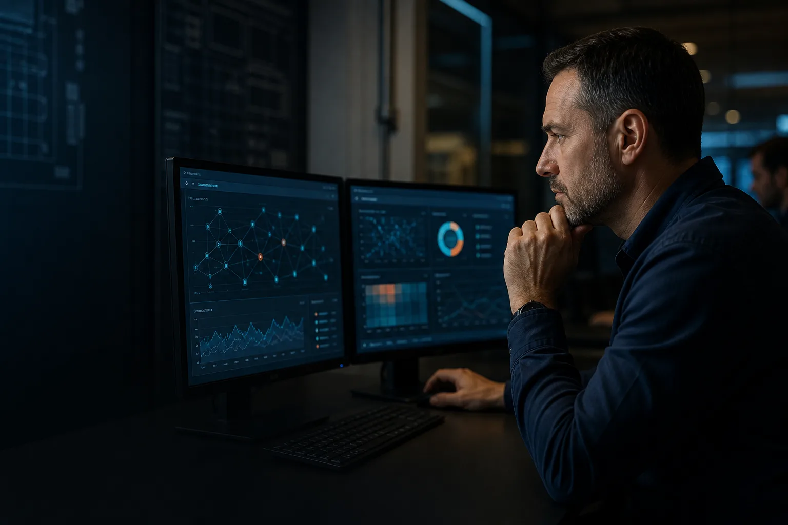 Operations specialist reviewing AI-assisted building and network insights