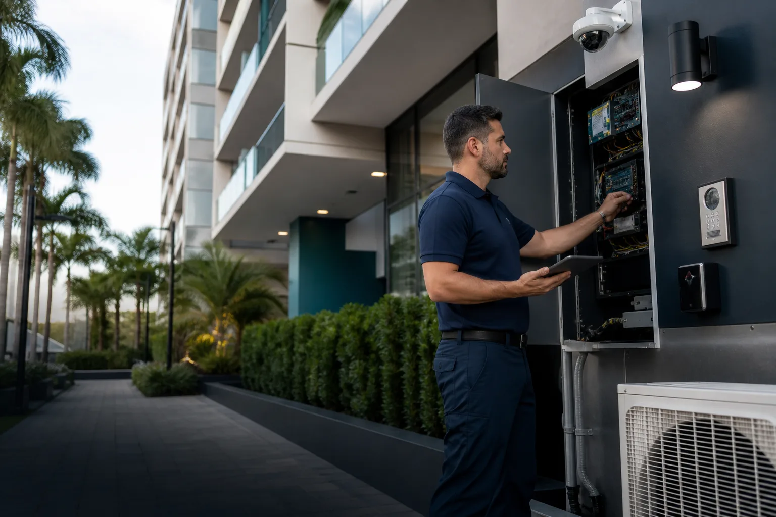 Ocean Broadwave technician inspecting connected building systems at a South Florida property